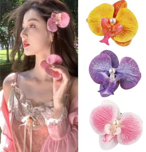 5PCS Simulated Flower Hair Clip Multicolored Phalaenopsis Crocodile Barrettes Big Chiffon Orchid Flower Hairpin Bohemian Hawaiian Headwear Hair Accessory Seaside
