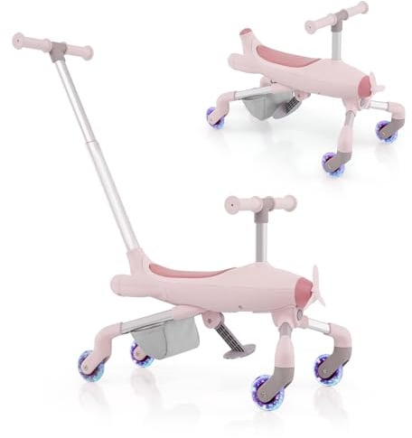 GOPLUS 2 in 1 Schiebeauto & Rutschauto, Dreirad mit verstellbarem Schiebegriff, LED Rädern & Korb hinten, Rutscherfahrzeug im Flugzeugmotiv für Kinder ab 18 Monaten, belastbar bis 50kg (Rosa)