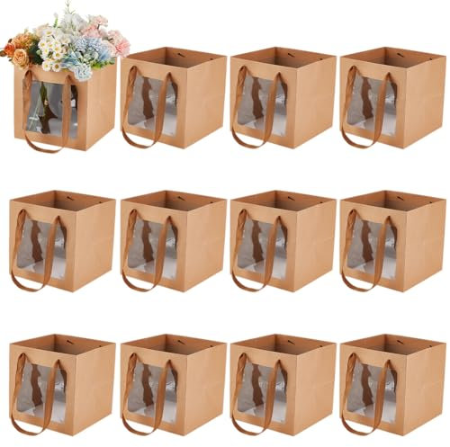 GOMAKERER 12 Stück Geschenktüten Aus Kraftpapier Mit Transparentem Fenster 20x20x20cm Braune Geschenktüten Mit Griffen Aus Kraftpapier Einkaufstüten Für Geschenke Blumen Backen Geburtstage Festivals