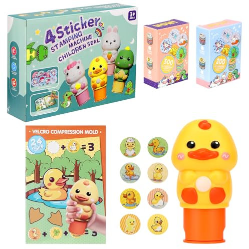 Aufkleberstempel,Reisespiele Sticker Set Mit Malbuch,24 Seitiger Aktivitätenblock,insgesamt 500 Aufkleber,Kleine Geschenke für Kinder,Reisespielzeug für Kleinkinder ab 3-6 Jahren-Kleine gelbe Ente