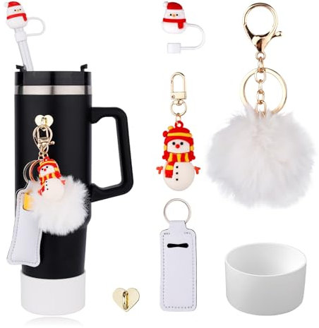 Gosknor 6stk Weihnachtsbecher-Zubehör für Stanley, Tasse Dekorationen mit Strohabdeckung Tassen Stiefel Lippenstifthalter Herzhaken Pompom-Schneemann-Anhänger für Stanley Cup 30 oz 40 oz