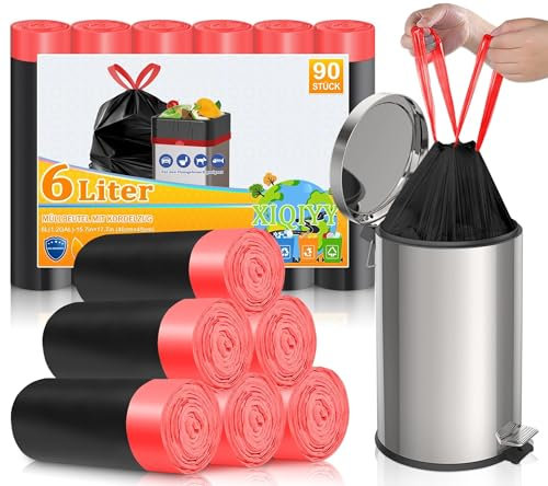 XIQIYY Kleine Müllbeutel 6L mit Zugband Schwarz Müllsäcke 90 Stück Mülltüten Tragegriff Abfallbeutel,Geeignet für 5L-10Liter Mülleimer