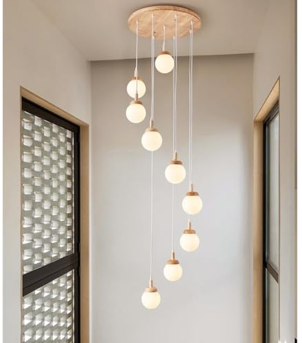 DOCJX Hängelampe Wohnzimmer Modern Pendelleuchte E27 Holz Treppenhaus Esstisch Lampen Hängend Höhenverstellbar Kronleuchter ​Höhenverstellbar Deckenleuchte Esstisch Treppe Wohnzimmer Treppe Licht 9