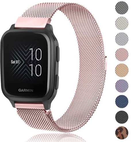 Amzpas Garmin Armband 20mm für Garmin Venu/Venu 2 Plus/Venu Sq/Venu Sq 2 Music Damen Herren,Edelstahl Mesh Metall Ersatzarmbänder für Garmin Venu Sq 2(Rosa)
