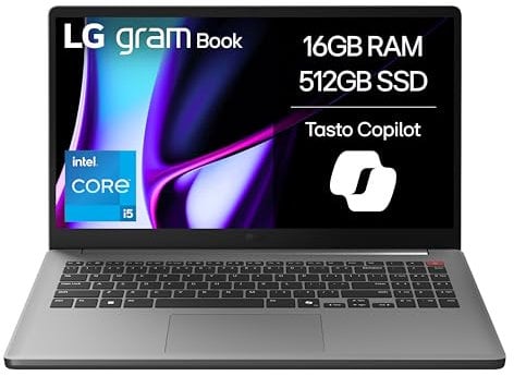 LG Gram Book 15U50T Notebook 15.6, Intel Core i5-1334U, 16GB RAM, 512GB SSD, IPS, Full HD 1920x1080, Tasto Copilot, Batteria 51Wh, Windows 11 Home, Tastiera Italiana, Silver