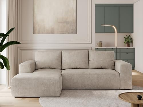 MKS MEBLE Sofa mit Schlaffunktion - Ecksofa mit Schlaffunktion und Bettkasten - Sofa 3 Sitzer - Schlafsofa - Couch - Schlafsofa mit Bettkasten - Trentino L - Beige Stukture - Links