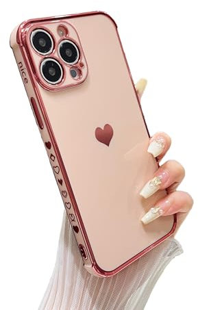 DEFBSC Compatible with iPhone 14 Pro Max Case for Girls Women, Fashion Cute Side Love Heart Pattern Plated Edge Soft TPU Bumper Shockproof Protective Phone Case - Pink