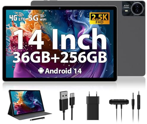 RUSHAR Tablet 14 Pulgadas,Android 14 con 36GB RAM+256GB ROM (1TB TF),4G LTE/SIM+5G WiFi,11580mAh|2240 * 1400HD|Octa-Core 2.0GHz|13MP+8MP|Face ID|BT 5.0,Tablet con Lápiz y Funda,Gris