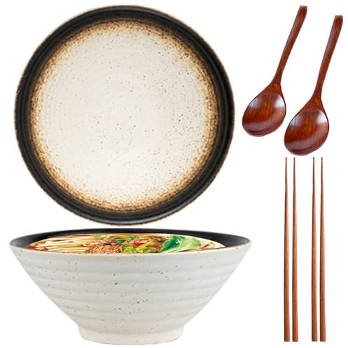 2 * 1500ML Ramen Schüssel Set,Schüssel Keramik,Ramen Bowl(Ramen Set Mit Ramenlöffel,Essstäbchen),Suppenschalen Set für Nudelschüssel,Snack,Salatschüssel,Große Schüssel(Weiß)