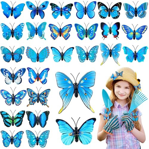 ERBO 50 Stück Blau Schmetterlinge Deko mit Sicherheitsnadeln, PVC Schmetterling Brosche, für Kinderzimmer Deko, Dekoration Curtains, Dining Table, Büro (Blau)