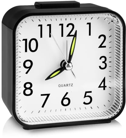 Small Silent Travel Alarm Clock, Bedside LED Little Light Luminous Non Ticking Battery Operated Quiet Display Analogue Alarm Clocks with Nightlight Function for Heavy Sleepers Bedroom Travel (Black)
