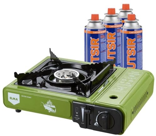 ELMA Camping Gas Portatil, Hornillo Camping Gas Dual Outer Start | Incluye Maletín y 4 Cartuchos de Gas, Regulador de Llama Variable, 2,3 Kw, Verde