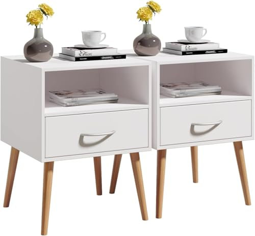 AxisFurn Nachttisch 2er Set, Nachtschrank mit Schublade und offenem Fach, Holzbeine Nachtkommode, Beistelltisch Sofatisch für Wohnzimmer, Schlafzimmer, 40 x 40 x 56 cm, Weiß