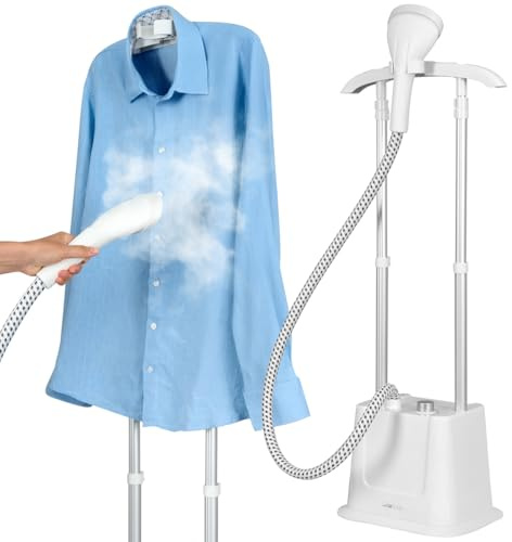 Clatronic® Stand-Dampfglätter | schnell einsatzbereit | Abnehmbarer 1,2 Liter Wassertank | bis zu 60 min. bügeln | 1600 Watt | Steamer | 3 Stufen | für empfindliche Stoffe | TDC 3809 weiß