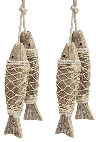 Generisch 4 Stück Outdoor Deko Holz Fisch Dekoration Ornament Hängend, Hängend Handgeschnitzt Wandkunst, Fisch Anhänger Für Maritime Deko, Vintage-Fischskulptur, Innen-Wohnd Für Zuhause Innen Außen