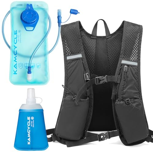 KAMCYCLE Trinkrucksack mit 2L Trinkblase und 300ml Flasche, Laufweste für Wandern, Laufen, Fahrradfahren, Marathon, Schwarz