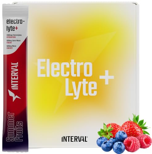 Interval Electrolyte+ Hydration Sticks | Summer Fruits | 20 Pack | 6 electrolytes with Lion's Mane, Maca, vitamin C & B12. Caffeine-free, sugar-free. For heavy sweaters and long sessions