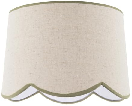 Designer Natural Oatmeal Textured Linen Scallop Lamp Shade with Olive Green Cotton Trims | 30cm x 21cm | Inner White Cotton Lining by Happy Homewares