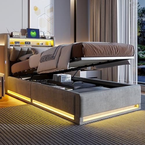Julyue Boxspringbett 90 x 200 cm mit RGB-LEDs und USB-Anschlüssen, Hängebett, Polsterbett mit Hydraulik- und Aufbewahrungstasche, Kopfteil mit Stauraum, grauer Samt, ohne Matratze