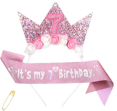 DOPENSPI Geburtstagskrone und Schärpe zum 7/3 Geburtstag, Glänzendes Rosa | Geburtstagsschärpe mit Anstecknadel für Mädchens Frauen Birthday Weihnachten Geschenk Party