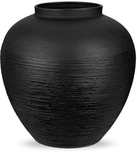 Metallvase Modern 29 cm – Große Dekovase für Pampasgras & Trockenblumen, Runde Vintage Metall Vase Wohnzimmer Deko, Rustikale Tischvase Industrial Stil, Matt Schwarz
