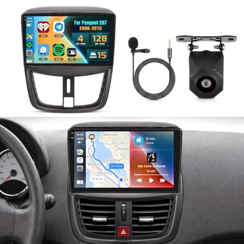 Inefala 4G+128G Autoradio Android 15 pour Peugeot 207 2006-2015 | 9 Écran Tactile, Wireless CarPlay, Android Auto, GPS, WiFi, RDS/FM, BT, EQ, SWC, Caméra de Recul, Mic