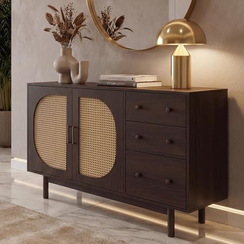 Mendler Sideboard HWC-P52, Schrank Kommode Highboard, Schubladen Staufächer, Poly-Rattan MDF Melamin 80x120x40cm - Walnuss-Optik
