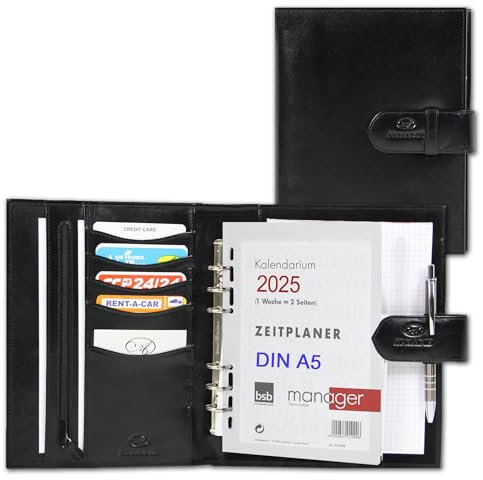 ALMADIH Leder A5 Terminplaner mit Ringmechanik Kalender 2025 Schreibblock aus Premium Rindsleder SCH Ledermappe Mappe Schreibmappe Organizer Terminkalender Ringbuchmappe Aktenmappe (Schwarz)