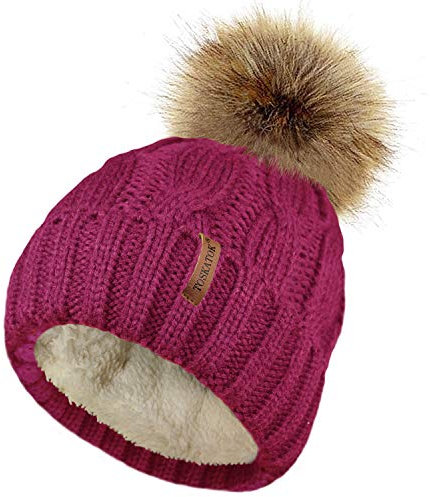 TOSKATOK Damen Chunky weichen Kabel Stricken Hut mit gem�tlichem Fleecefutter und abnehmbarem Kunstpelz Pompom-Morello