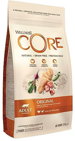 Wellness CORE Original, Pute & Huhn, 1,75 kg, Katzenfutter trocken für ausgewachsene Katzen, ohne Zuckerzusatz, getreidefrei, mit hohem Fleischanteil, beugt Haarballen vor