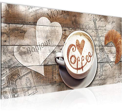 Runa Art Wandbild Kaffee Küche 1 Teilig 100 x 40 cm Modern Bild auf Vlies Leinwand Vintage Holz Esszimmer Küchenbilder Beige Braun 012812b