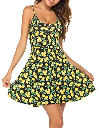 UNibelle Sommerkleid Damen Kurz Kleid Ärmellos V-Ausschnitt Blumenkleid Knielang Spaghettiträger Strandkleider Rüschen Kleider Zitrone S