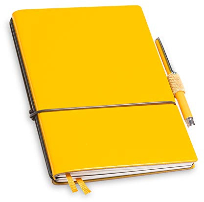 A6 revolutionäres X17-Notizbuch! Recyceltes Leder gelb, mit Geschenkbox; Innen: 2x Notizen(blanko, kariert), Stifthalter, Doppeltasche, Mini Stift; austauschbar, Made in Germany