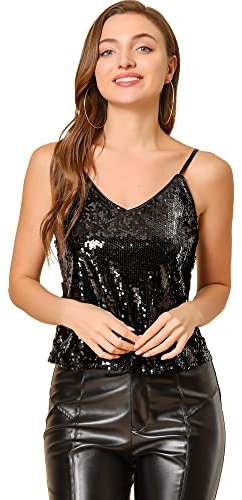 Allegra K Damen Festliches Oberteil Glitzer Top Spaghetti Party Club Camisole Pailletten Shirt Schwarz XL