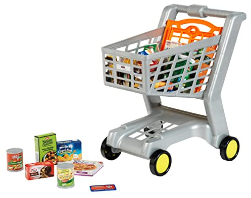 Theo Klein 7244 Einkaufswagen I Mit Klappsitz für Puppen I Gefüllt mit deutschen Produkten für den Kaufladen I Spielzeug für Kinder ab 2 Jahren