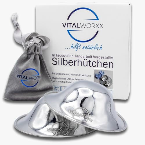 VITALWORXX Silberhütchen aus reinem 999-er Silber (2 Stück) inklusive 2 Paar Stilleinlagen und 1 Aufbewahrungs-Beutel, zur Anwendung bei empfindlichen Brustwarzen