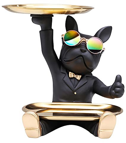 Estatua Bulldog FrancéS Escultura Perro Resina, Estatua De Mayordomo con 2 Bandejas,Llaves, Dulces,Bandeja Joyas,DecoracióN Mesa para El Hogar (Negro)
