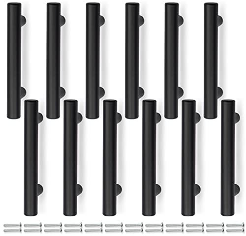 Bwintech 12 Pcs 100MM (64MM Loch Center) Mattschwarz Schrank Pull Griffe Küche T Bar Griffe, Edelstahl, Ideal für Schrank, Schublade, Schrank