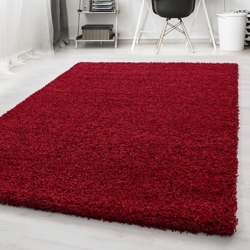 Carpetsale24 Teppich Wohnzimmer Shaggy Flokati Einfarbig Design 80 x 150 cm Rot - Hochflor Teppich Schlafzimmer Pflegeleicht Super Weich - Flauschiger Teppich Langflor 50 mm Florhöhe Läufer Flur