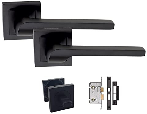 Golden Grace Sigma Door Handle Latch Bathroom Set, Bathroom Pack | Includes 64mm mortise lock, thumbturn, spindle, and screws for internal wooden doors with a concealed square rose look.