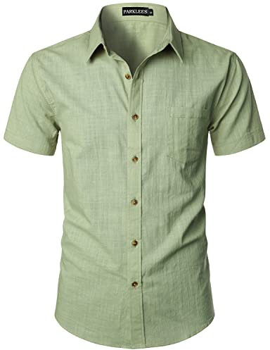 PARKLEES Chemise décontractée à manches courtes en coton et lin pour homme avec poche, Vert haricot., 3XL