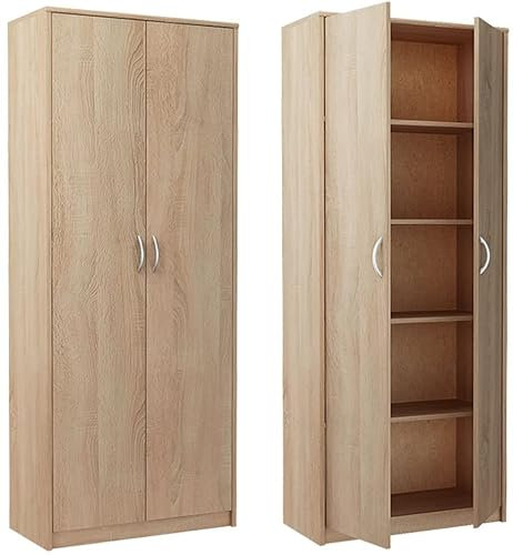 Armario práctico de 180 cm, armario con 2 puertas, 4 estantes, grande, multiusos, archivador, oficina, armario para el hogar (Sonoma)