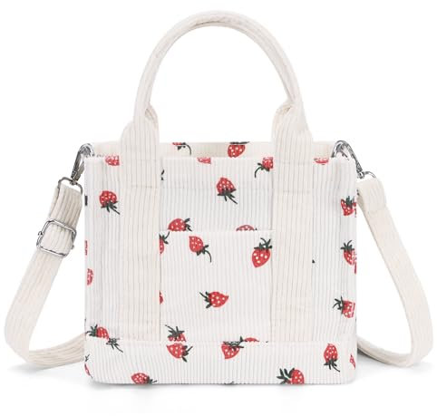 Corduroy Tote Bag Small Satchel Bag for Women Crossbody Bag Purse with Zipper Casual Hobo Handbag, A01-Erdbeer-Druck