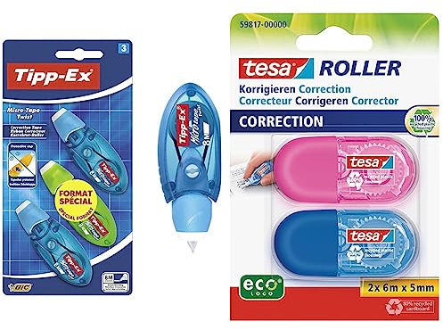 Tipp-Ex Micro Tape Twist Einweg-Korrekturroller, 3 Stück Farbe zufällig & tesa Mini Korrekturroller ecoLogo - Band zur Korrektur auf Papier - Klein und ergonomisch - 6 m x 5 mm - Blau/Pink - 2er Pack