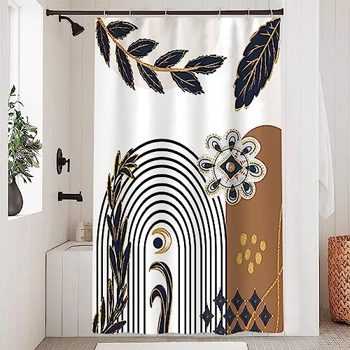 Uiiooazy Rideau Douche Anti Moisissure, Rideau de Douche 120x200cm Abstrait Feuilles Bleu Marine Boheme Rideaux de Baignoire Tissu Lavable Imperméable Polyester Rideaux Salle de Bain avec 8 Crochets