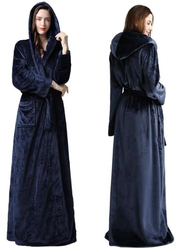 Oksun Womens Long Dressing Gown Robe Full Length Ladies Fluffy Plus Size Fleece Hooded Winter Warm Bathrobe (Navy,XL)