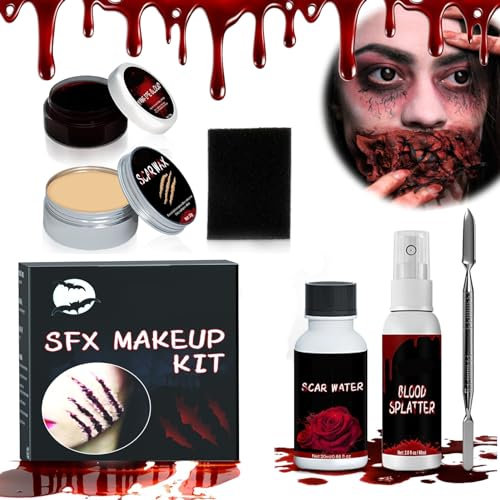 Wunden Schminken Set,Make-up Narben Wax Kit,Halloween Makeup Spezialeffekt,Kunstblut Wundschorf,Blutgel Hautwachs für Wunde Narben Schnitte Kratzer