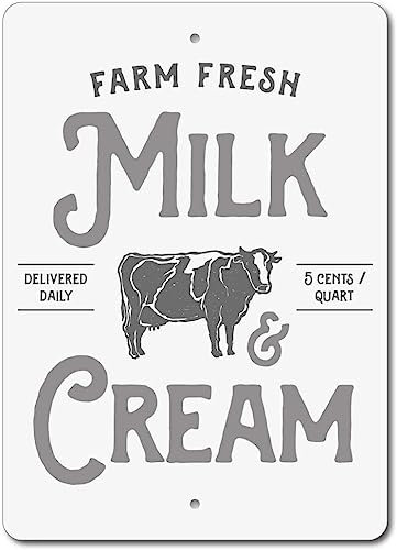 Letrero de leche y crema, letrero de leche fresca de granja, decoración de vaca lechera, divertido letrero de metal vintage de 8 x 12 pulgadas