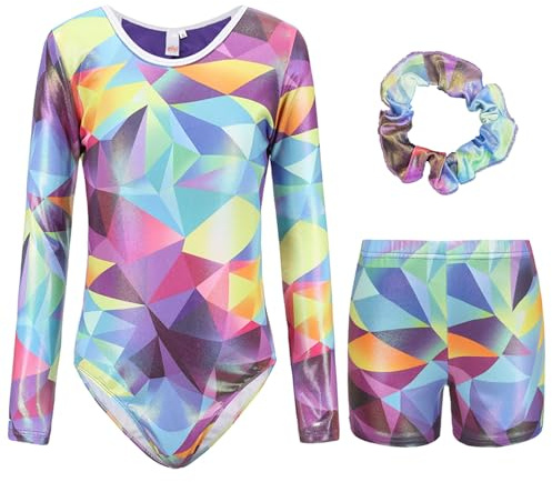 FEOYA Gymnastikanzug für Mädchen Turnanzug Kinder Mädchen Gymnastik Shorts für Haarband Set Bunte Tanzen Athletische Trikots Langarm Gymnastik Trikot Workout Bodysuit D 10-11 Jahre