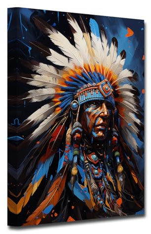 CXHOSTENT Indianer Leinwandbilder Indianerhäuptlings Kopfschmuck gefiederte Kunstdrucke Retro bunte Indianerhäuptlingsbilder gerahmt (D, 40.00 x 60.00 cms)